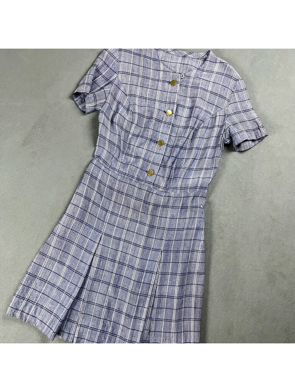 50's Plaid Dress, Blue Tones Short Sleeve with Pleated Skirt
